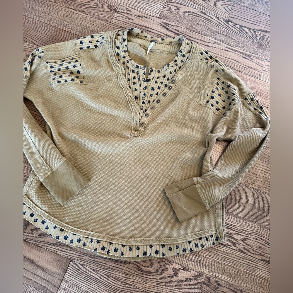 Tan Long Sleeve Free People Top with Patterned Trim